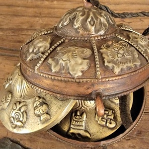 Hand Crafted Tingsha Bells with Hand Crafted Copper Case with Auspicious symbols, Tingsha Bells with Rustic Case Set made in Nepal