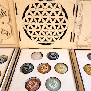 Mindful Meditation Engraved 7 Crystal Box Set, Engraved Palmstone 7 Chakra Set with a Wood Box