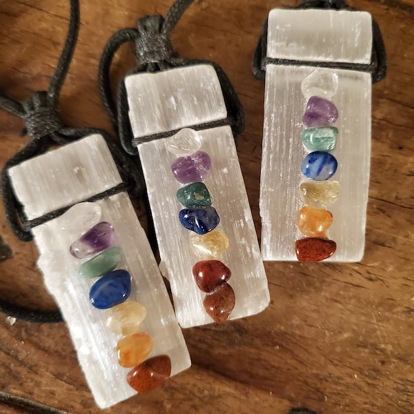 7 Chakra Raw Selenite Necklace, Seven Stones on Selenite Necklace