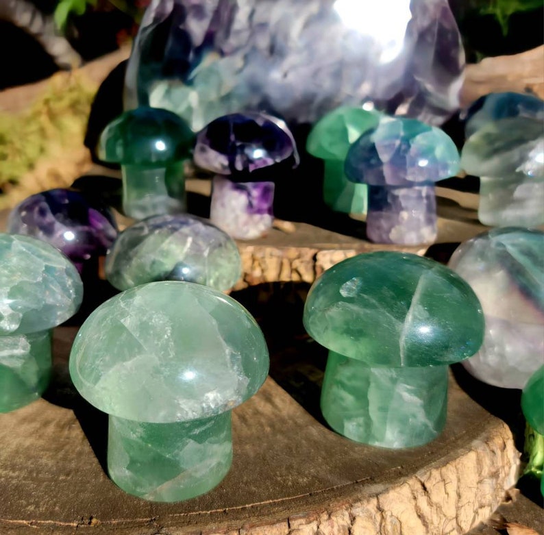 Vibrant Fluorite Crystal Mushrooms, Magical Fluorite Mushrooms, Energy of Clarity and form of Strength combine in one image 1