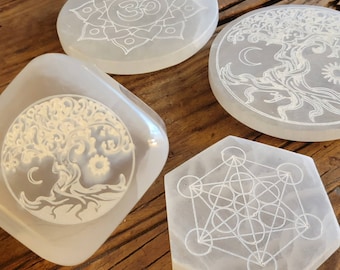 Moroccan Selenite Cleansing Plates, Tree of Life Selenite Plate, Ohm in Lotus Selenite Plate, Metatron Hexagon Plate, Tree of Life Cube