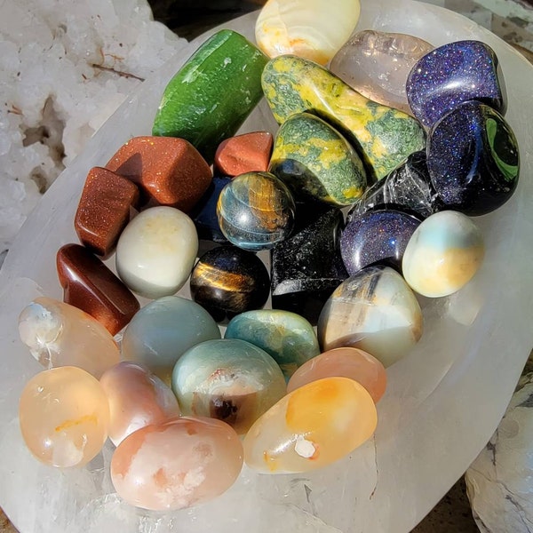 Tumbled Crystal Variety, Goldstone, Purple Goldstone, Tigers Eye Sphere, Smoky Quartz,  Amazonite, Serpentine, Flower Agate Eggs, Tremolite