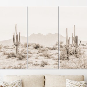 Arizona Desert Sepia Canvas Print // The Four Peaks and Saguaros // Central Arizona Desert // Farmhouse Wall Decor 3 Panels