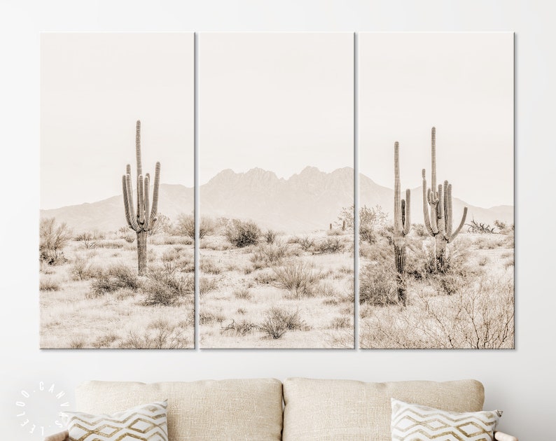 Arizona Desert Sepia Canvas Print // The Four Peaks and Saguaros // Central Arizona Desert // Farmhouse Wall Decor 3 Panels