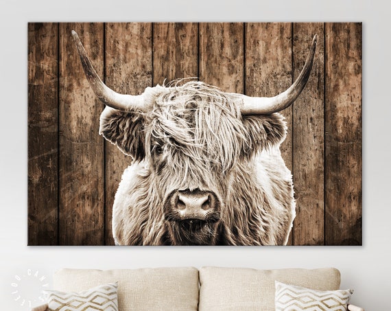 Highland Cow Grunge Art Canvas Print // Highland Cow Dark Brown Wood Background Sepia Canvas Print / Vintage Wall Art / Farmhouse Wall Decor