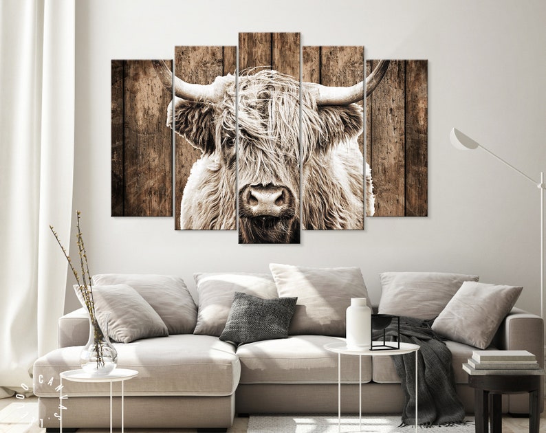 May include: A close-up of a highland cow with long, white fur and a brown wooden background. The cow is looking directly at the camera.