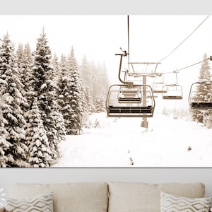 Ski Lift Sepia Canvas Print // Snow Covered Spruce Trees and Ski Lift Along a Ski Slope // Sepia Canvas Wall Art