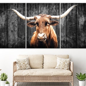 May include: A close-up of a brown and white Texas Longhorn bull with large horns against a dark wood background. The bull is looking directly at the camera.