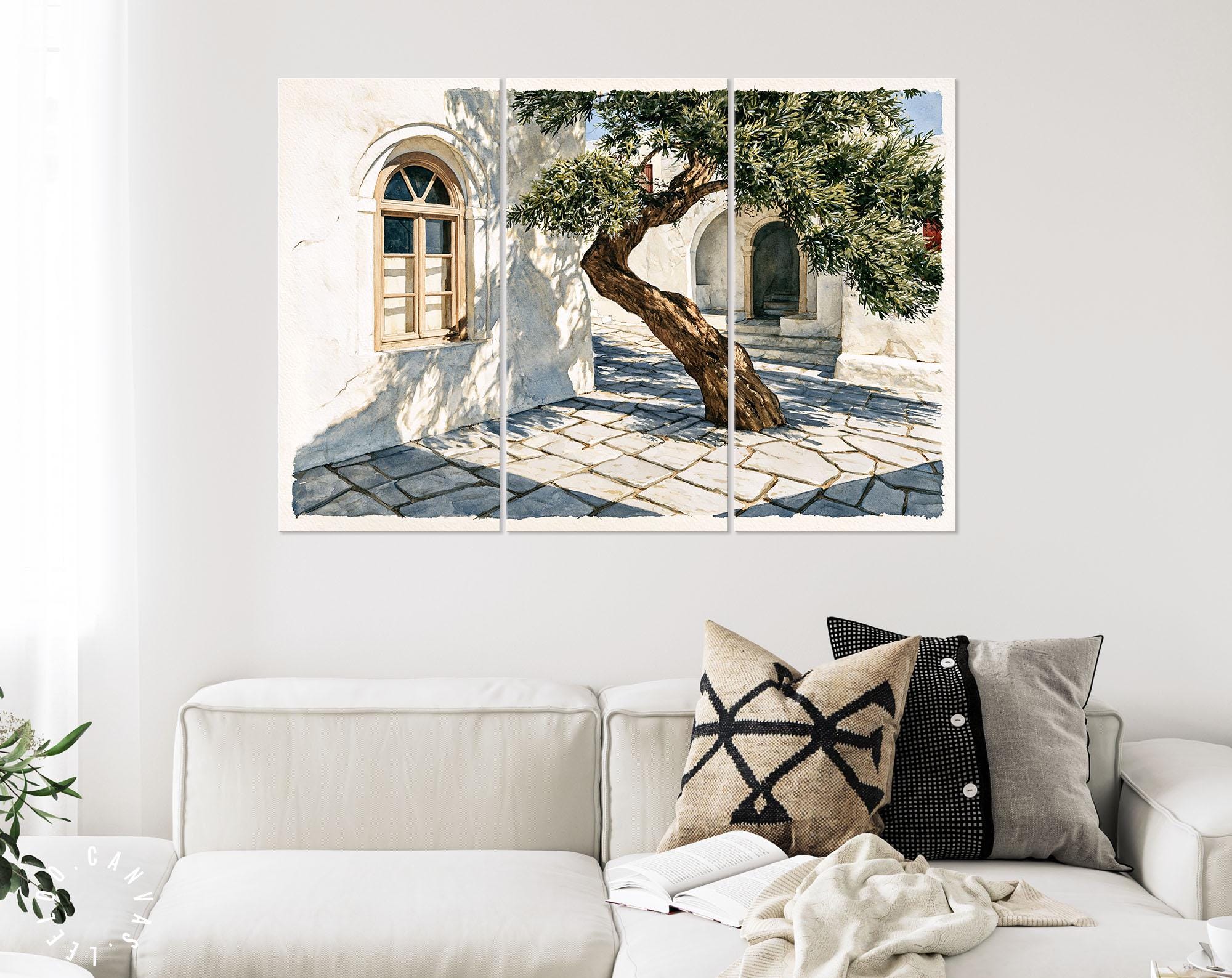 Mediterranean Olive Tree Canvas Print // Sunlit Courtyard Coastal Wall ...