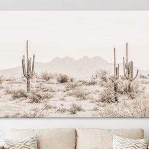 Arizona Desert Sepia Canvas Print // The Four Peaks and Saguaros // Central Arizona Desert // Farmhouse Wall Decor 1 Panel
