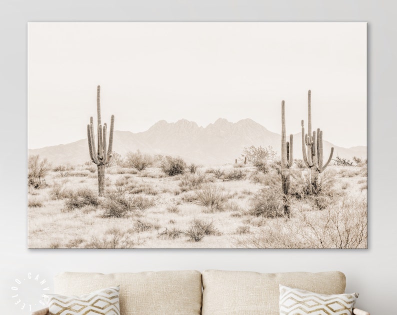 Arizona Desert Sepia Canvas Print // The Four Peaks and Saguaros // Central Arizona Desert // Farmhouse Wall Decor 1 Panel