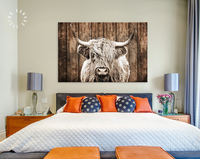 May include: A close-up of a white Highland cow with long, shaggy hair, looking directly at the camera. The cow is in front of a rustic wooden background.