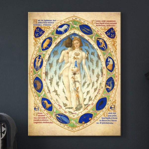 Hombre del zodiaco anatómico Impresión de lienzo / Très Riches Heures Du Duc De Berry Folio 14 - Hombre del zodiaco anatómico (1411-1416) Manuscrito iluminado