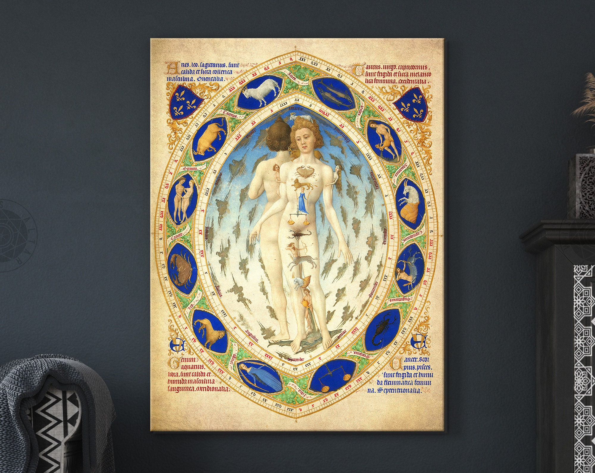 解剖学的ゾディアックマン キャンバスプリント  Très Riches Heures Du Duc De Berry Folio 14 - 解剖学的 ゾディアックマン (1411-1416) 照明付き写本 - Etsy 日本