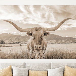 Longhorn Cow Sepia Canvas Print // Close-up Portrait of Texas Longhorn Cow // Sepia Home Decor // Neutral Farmhouse Wall Decor