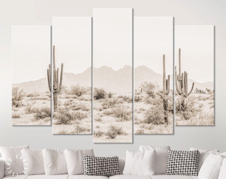 Arizona Desert Sepia Canvas Print // The Four Peaks and Saguaros // Central Arizona Desert // Farmhouse Wall Decor 5 Panels