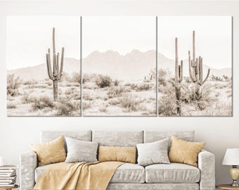 Arizona Desert Sepia Panoramic Canvas Print // The Four Peaks and Saguaros // Central Arizona Desert // Sepia Colors Home Decor