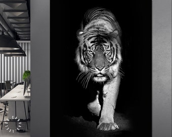 Crouching Tiger Canvas Print // Tiger Black and White Wall Art