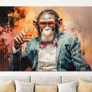 Affen-Gentleman-Leinwanddruck / Schimpanse im Anzug mit einem Glas Whiskey, abstrakte Kunst, Gemälde auf Leinwand, Wanddekoration, Geschenk für einen alten Freund