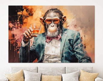 Mono Caballero Lienzo Impresión // Chimpancé con un traje con un vaso de whisky Arte abstracto Pintura Lienzo Decoración de pared // Regalo de viejo amigo
