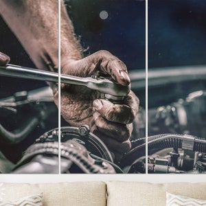 Auto Mechanic Canvas Print // Auto Mechanic working on car engine in Mechanics Garage // Repair Service