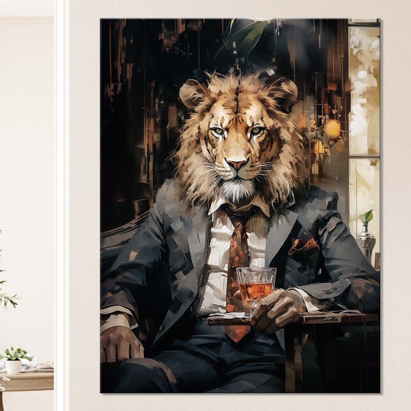 Lion Gentleman Canvas Print // Lion dans le bar Art abstrait Peinture Toile Décoration murale