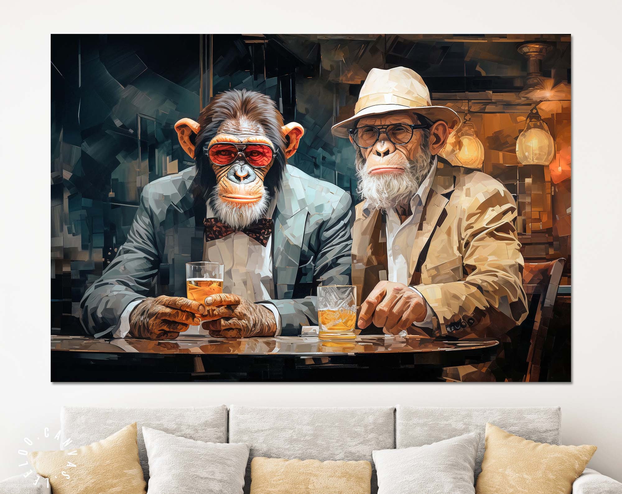 Dos caballeros en un bar Chimpancés Amistad Lienzo Impresión // Hombre Cueva Arte Abstracto Pintura Lienzo Decoración de pared // Regalo de viejo amigo