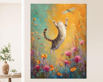 Speelse canvasafdruk kat en libel: grillige kleurrijke kunst