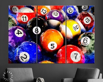Op de afbeelding: Een kleurrijk abstract schilderij van biljartballen met de nummers 1 tot en met 15, 8 en (c) erop. De ballen zijn in een willekeurig patroon gerangschikt en hebben een aquareleffect.