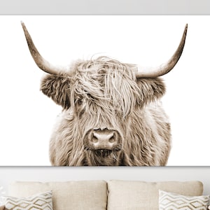 Highland Cow Sepia Canvas Print // Highland Cow Sepia Canvas Wall Decor