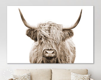 Impresión de lienzo sepia de vaca de las tierras altas // Decoración de pared de lienzo sepia de vaca de las tierras altas