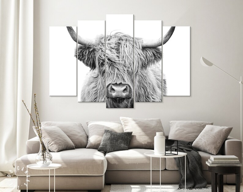 Highland Cow Canvas Print // Highland Cow Black and White Etsy
