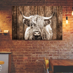 May include: A black and white photograph of a Highland cow with long, shaggy hair. The cow is looking directly at the camera with its head tilted slightly to the side. The background is a rustic wooden fence.