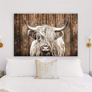 May include: A close-up of a Highland cow with long, shaggy fur and large horns. The cow is looking directly at the camera. The background is a rustic wooden wall.