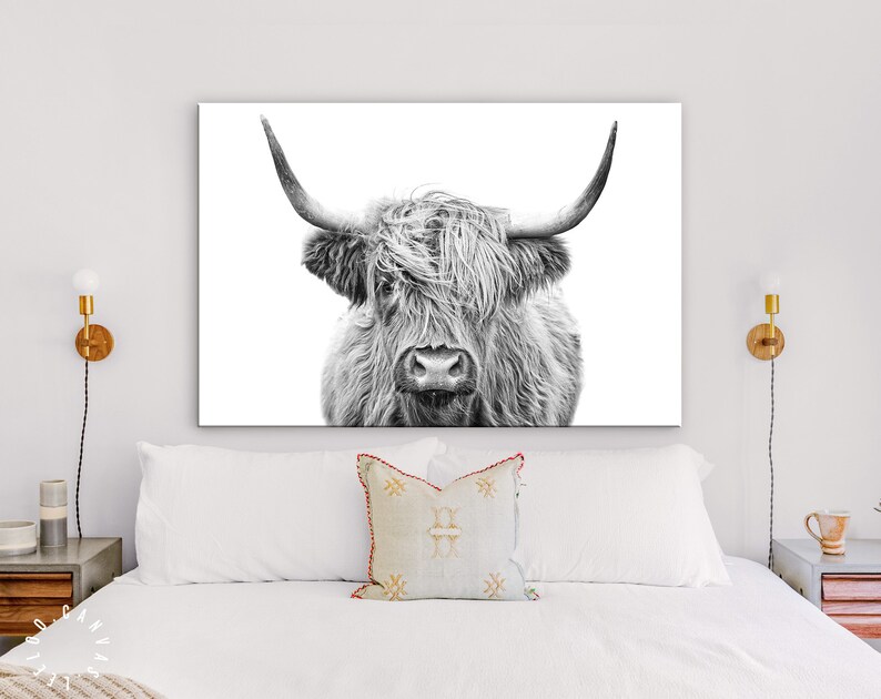 Highland Cow Canvas Print // Highland Cow Black and White Etsy