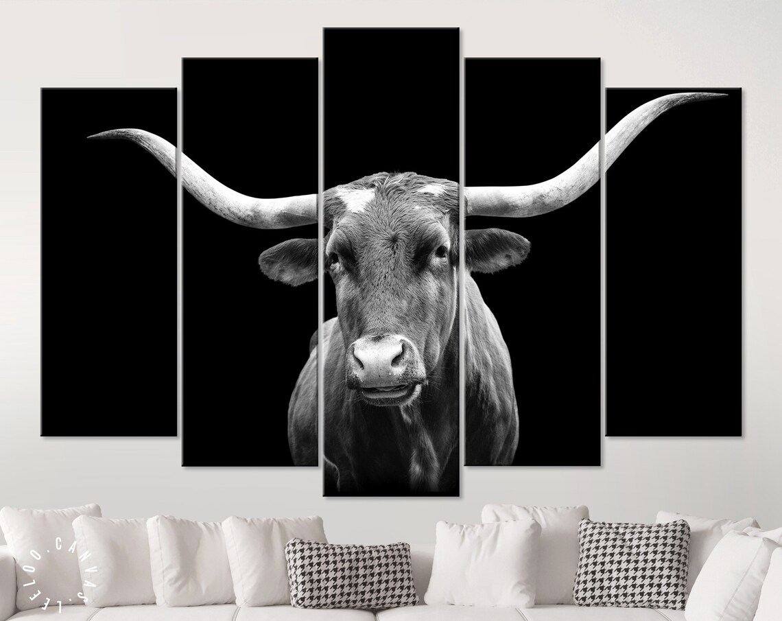 Texas Longhorn Canvas Print // Portrait of Texas Longhorn Cow Etsy