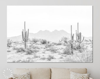 Arizona Desert Black & White Canvas Print // The Four Peaks and Saguaros // Central Arizona Desert