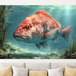 Peut inclure: Un grand vivaneau rouge nageant sous l'eau dans un environnement aquatique clair. Le poisson présente des écailles proéminentes, une nageoire dorsale distincte et un œil vif. La scène comprend des textures de fond marin et des algues.
