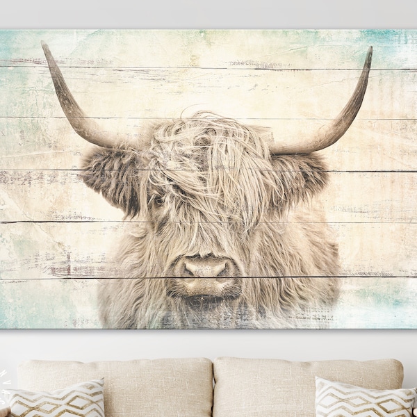 Vintage Highland Cow Canvas Print // Highland Cow Old Wood Texture Background Canvas Print // Vintage Wall Art // Farmhouse Wall Decor