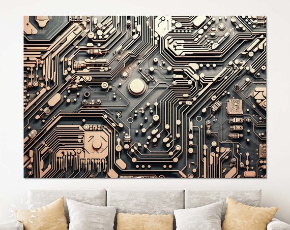 Circuit Board Canvas Print: Abstract Gold & Grey Electronic