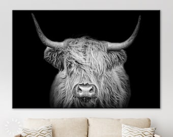 Highland Cow Canvas Print // The Black and White Highland Cow With The Black Background // Black And White Wall Art