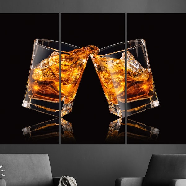 Whiskey Glasses Canvas Print // Glasses Of Whiskey Making Toast With Splashes // Bar Wall Decor // Whisky Wall Art // Man Cave Wall Art