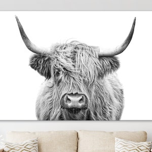 Highland Cow Canvas Print // Highland Cow Black and White Canvas Wall Decor