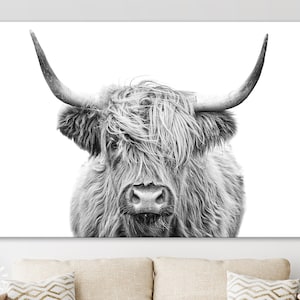 Impresión en lienzo de vaca de las Tierras Altas // Decoración de pared en lienzo blanco y negro de vaca de las Tierras Altas