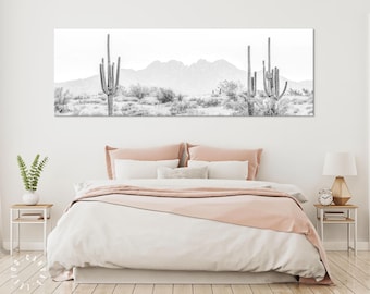 Arizona Desert Extra Large Black and White Canvas Print // The Four Peaks and Saguaros // Central Arizona Desert // Black & White Home Decor