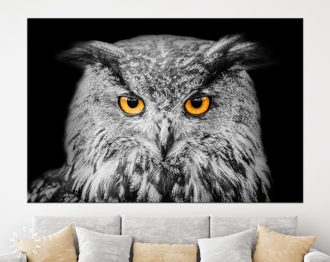 Owl Canvas Print: Black and White Wall Decor, Yellow Eyes - Etsy
