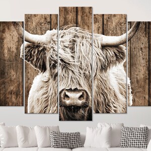 May include: A close-up of a Highland cow's face with long, shaggy hair. The cow is looking directly at the camera. The background is a rustic wooden wall.