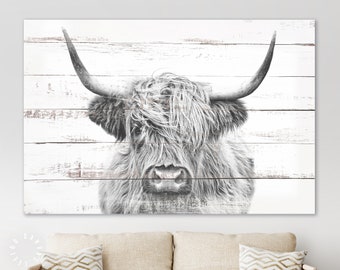 Highland Cow Canvas Print // Highland Cow White Wood Background Canvas Print // Vintage Wall Art // Farmhouse Wall Decor