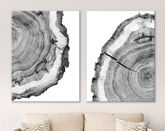 Tree Trunk Canvas Print // Tree Rings Wall Art // Cross-section of a Tree Trunk Canvas Wall Decor // 2 Piece Wall Art Set