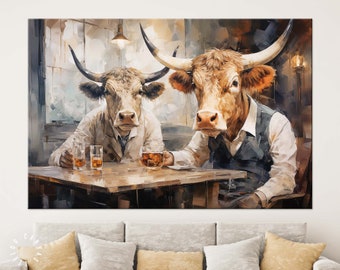 Two Bulls Canvas Print // Bulls in the Bar Wall Art // Man Cave Abstract Art Painting Canvas Wall Decor // Old Friend Gift